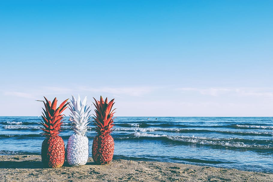 White and Two Red Painted Pineapples Near on Seashore, beach HD wallpaper