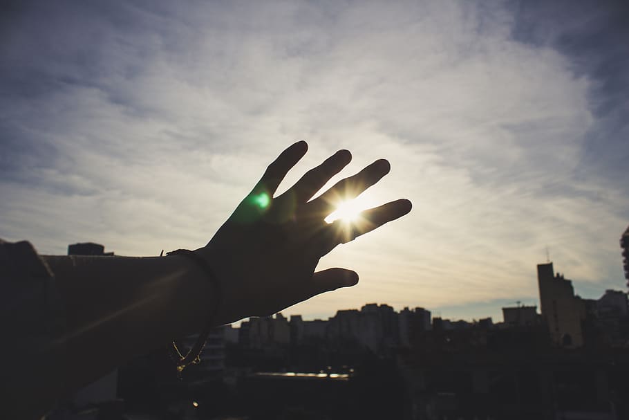 city, sunset, sky, human hand, cloud - sky, nature, silhouette HD wallpaper