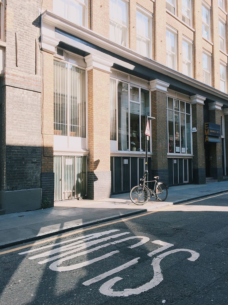 Black City Bicycle in Front of Building, architecture, asphalt HD wallpaper