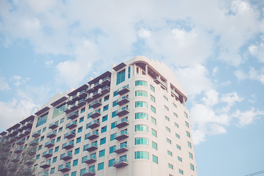 building, windows, building exterior, low angle view, sky, architecture HD wallpaper