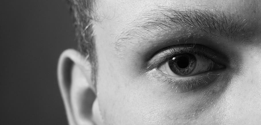 eye, black and white, face, person, boy, man, human body part, HD wallpaper