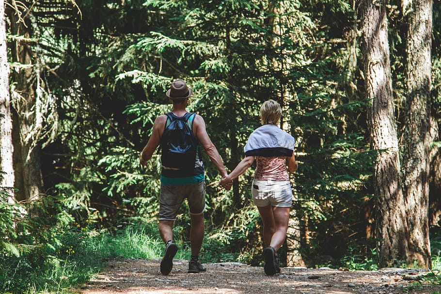 Man and Woman Walking in Forest, couple, cute, footpath, hike HD wallpaper