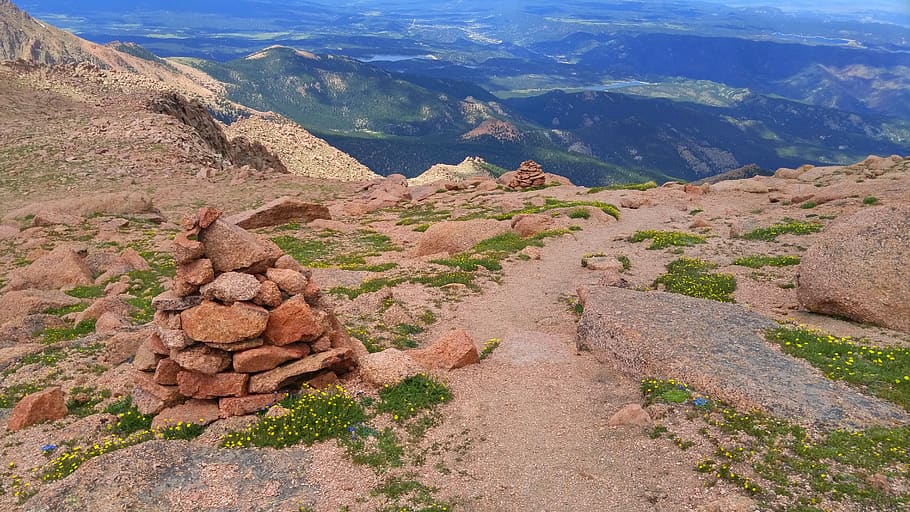 united states, pikes peak, trail, rocks, cairn, mountain top
