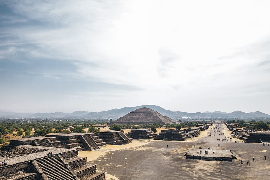 Tourists at Teotihuacan pyramids in State of Mexico, Mexico on a cloudy day