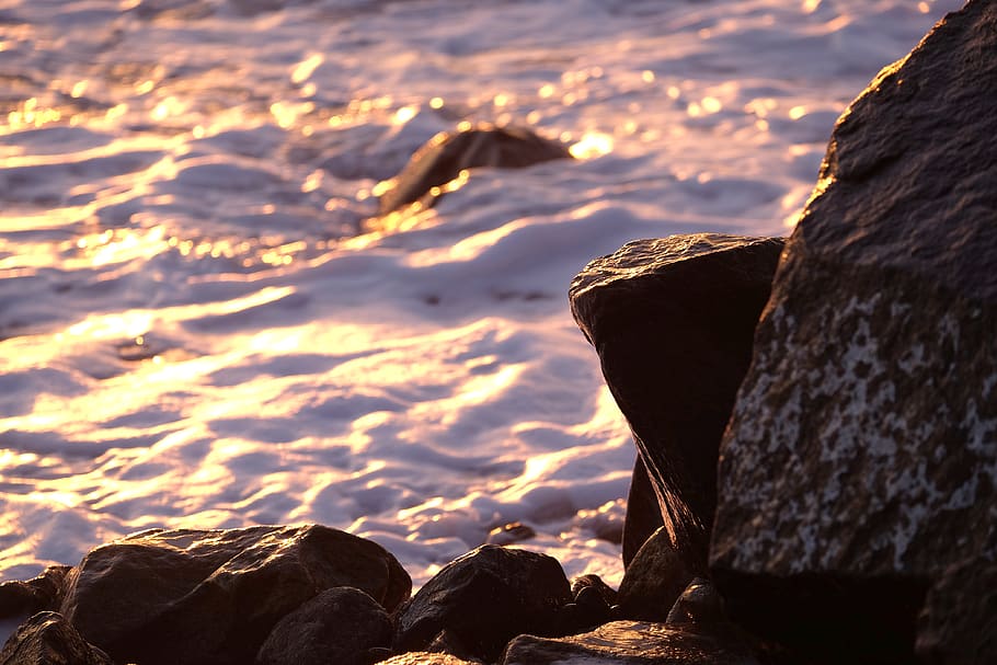 united states, oceanside, foam, water, sunset, rocks, rock - object HD wallpaper