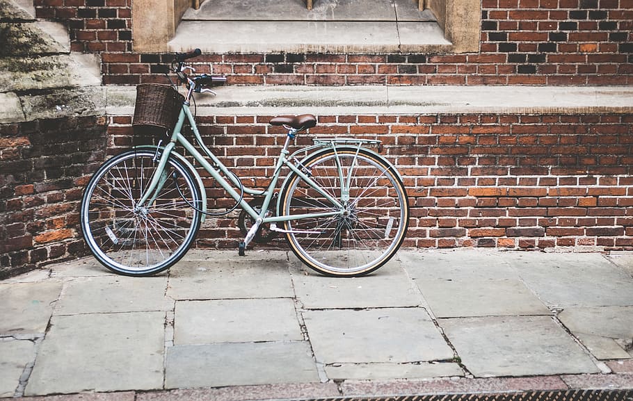Blue Bicycle Parked on Brown Bricked Wall, architecture, brickwall HD wallpaper