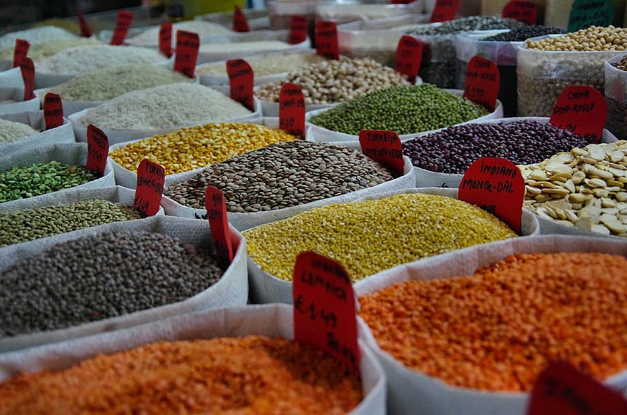 Assorted-color Beans in Sack, close-up, dry, grains, market, peppers HD wallpaper