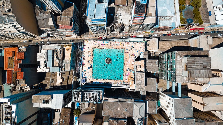 aerial photography of swimming pool, urban, town, building, metropolis, HD wallpaper