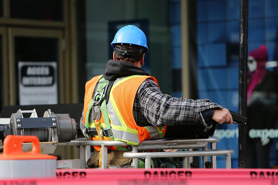 construction, zone, worker, danger, tape, vest, hard hat, signs HD wallpaper