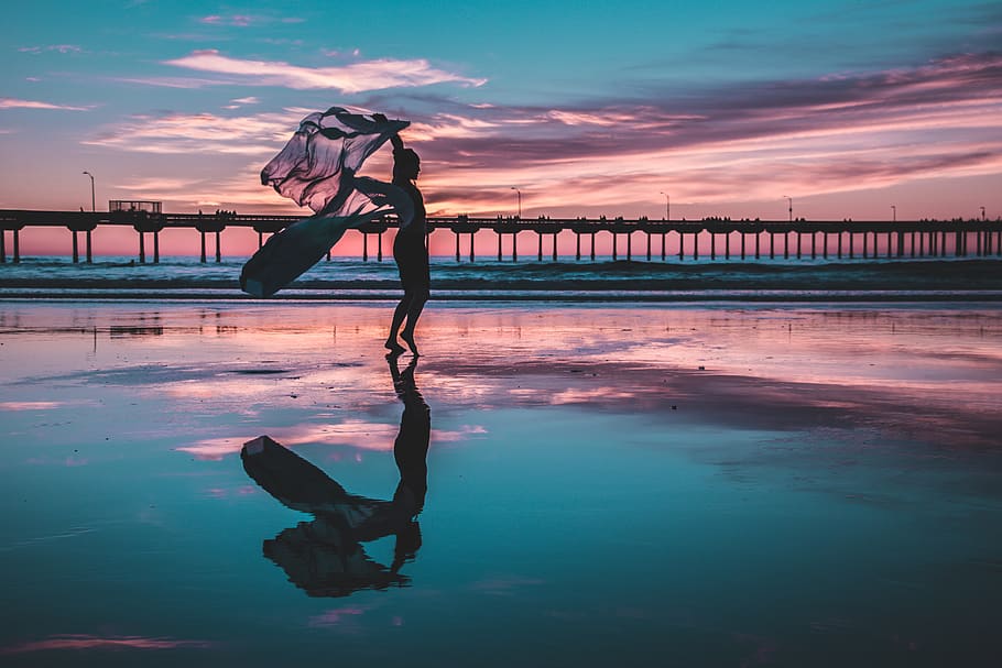 Woman Standing on Shallow Water, beach, dawn, dock, landscape HD wallpaper