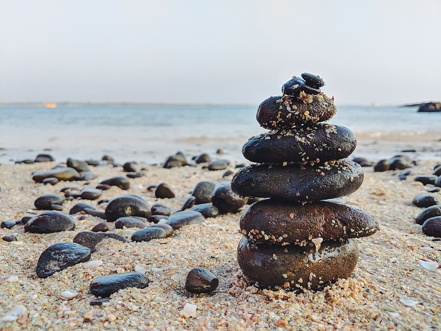stack of pebble stones, rock, water, sea, nature, outdoors, ocean HD wallpaper