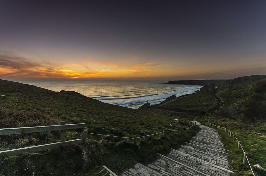 Brown Wooden Stairs on Mountain Near Body of Water, beach, clouds HD wallpaper