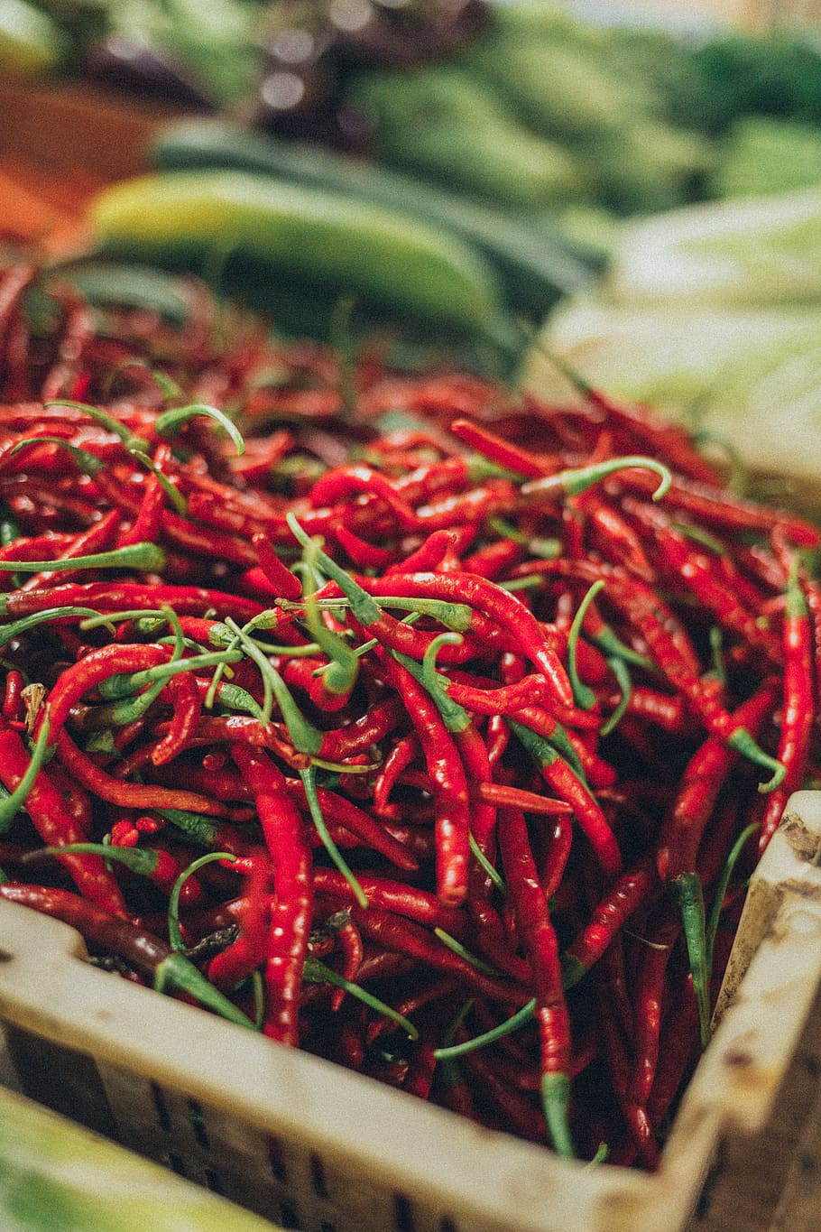 Selective Focus of Red Chilies, blurred background, cayenne, close-up HD wallpaper