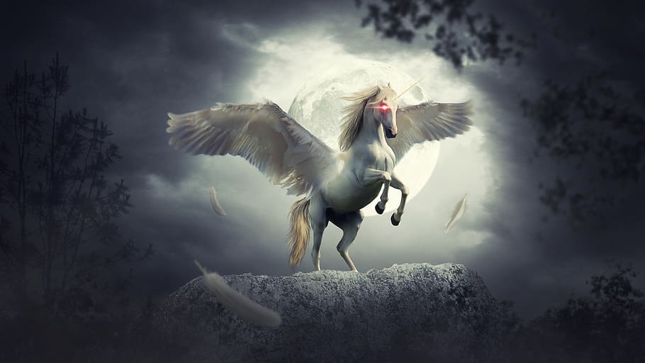 fantasy, unicorn, fairy tale, night, moon, tree, horse, flying