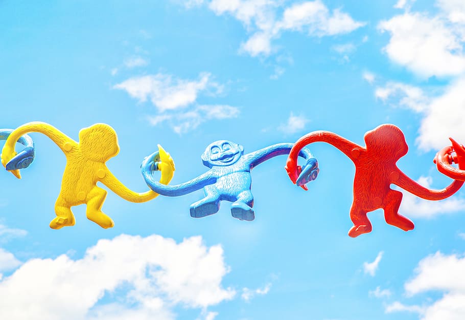 sky, clouds, art, puppet, monkey, colorful, crafts, cloud - sky HD wallpaper