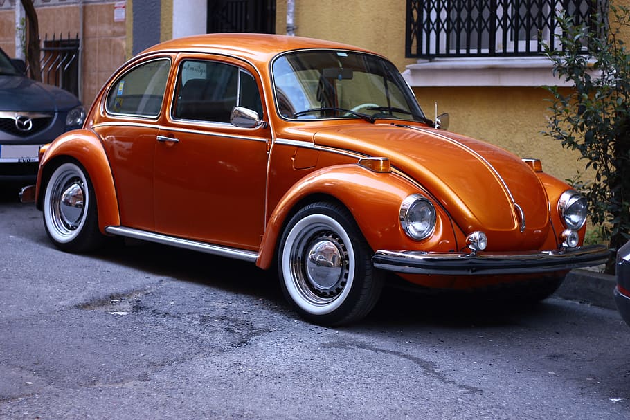 Photography of Orange Volkswagen Beetle, asphalt, auto, automobile, HD wallpaper