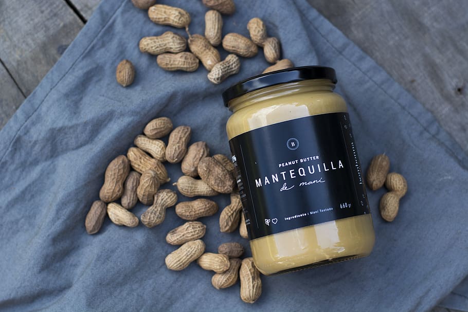 Mantequilla jar besides peanuts, food and drink, text, western script HD wallpaper