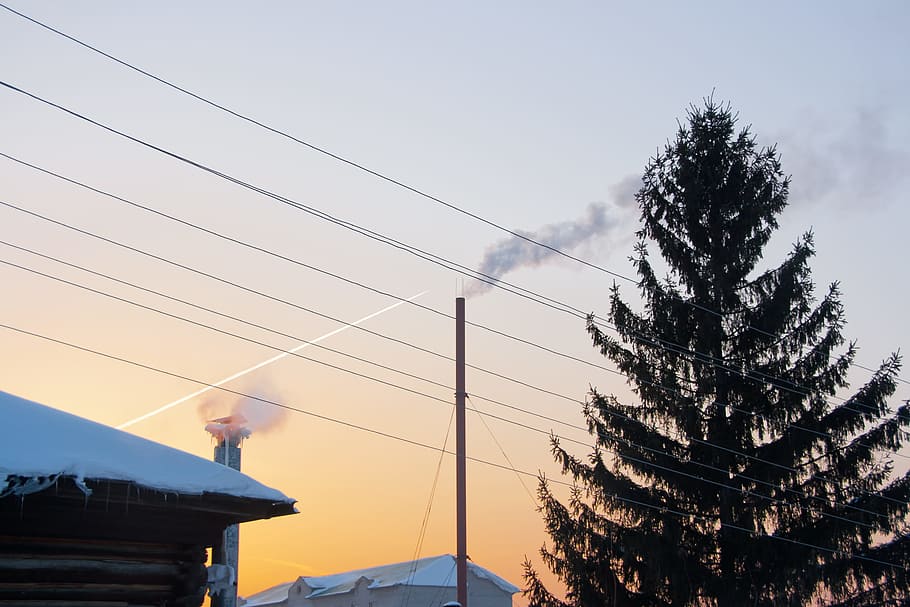 airplane, flying, sky, tree, power, lines, smoke, bath-house HD wallpaper