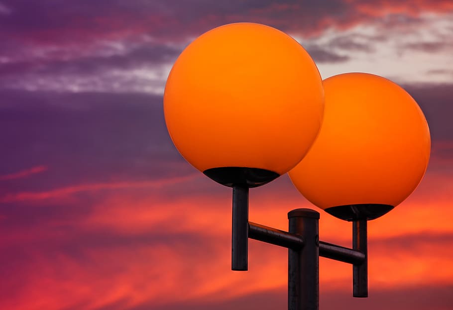 sky, sunset, evening, lamps, light, mood, orange, evening sky HD wallpaper