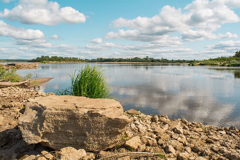 summer, landscape, river, sky, clouds, nature, water, stone HD wallpaper
