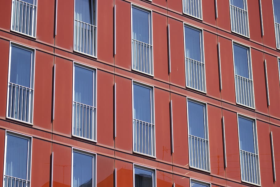 red high-rise building, home decor, window, office building, pattern HD wallpaper