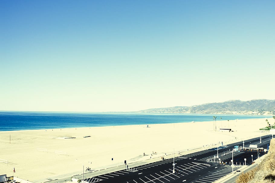 beach, sand, water, ocean, blue, sky, sunshine, boardwalk, parking lot HD wallpaper