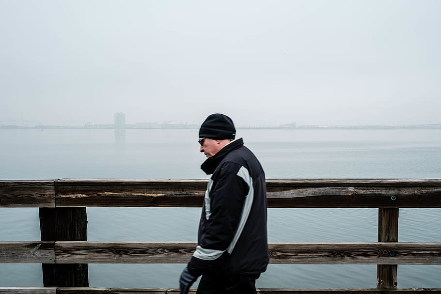 man, walking, exercise, bridge, portrait, water, fog, mist HD wallpaper