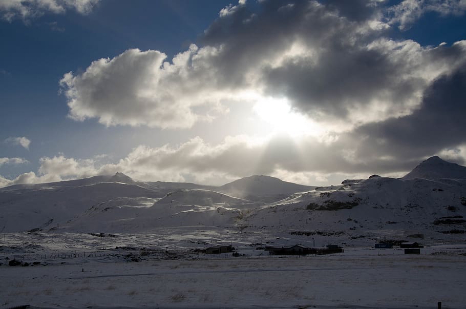 iceland, mountains, snow, sun, light, clouds, sky, cloud - sky HD wallpaper