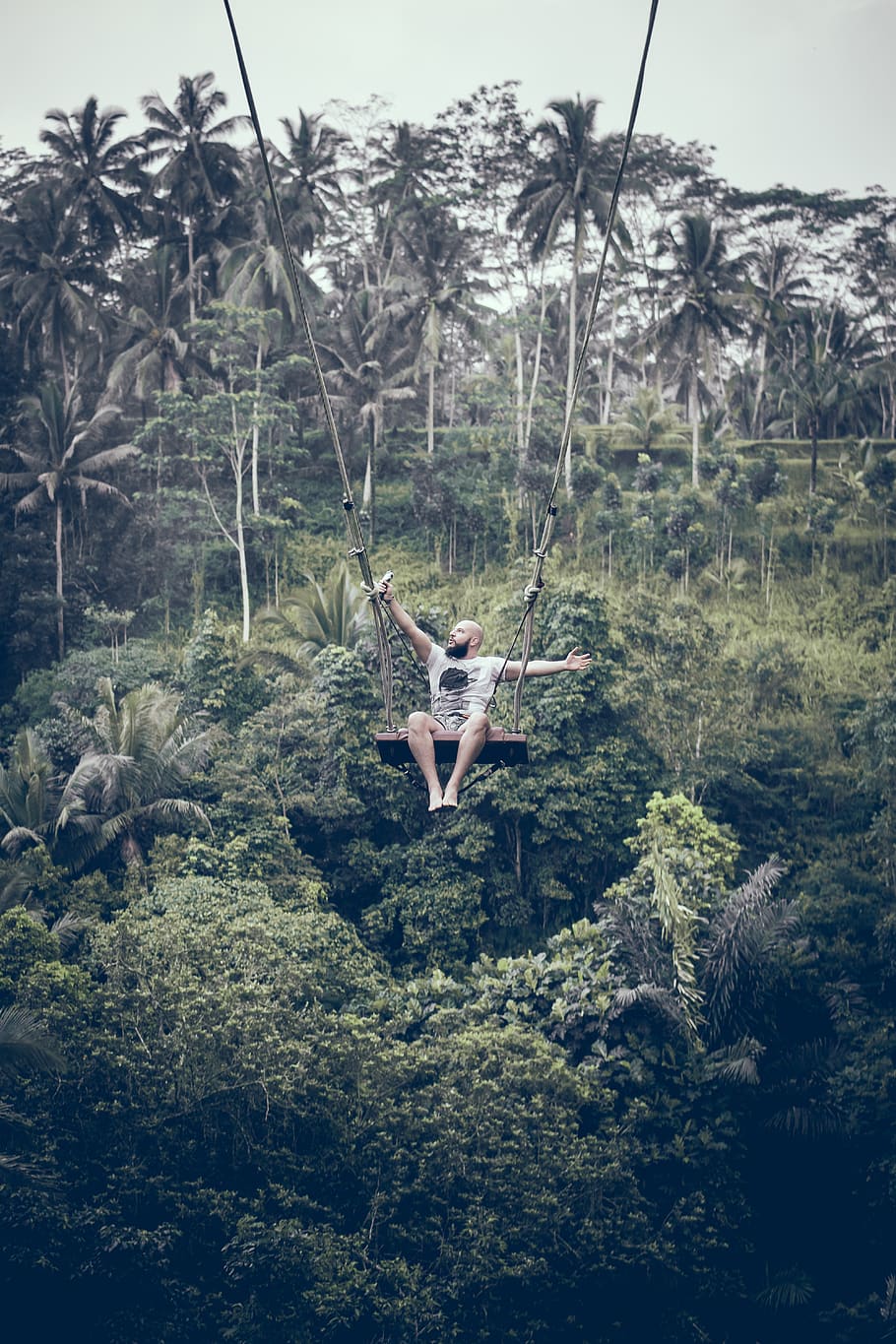 Man Sitting on Swing Outdoors, adrenaline, altitude, attraction, HD wallpaper