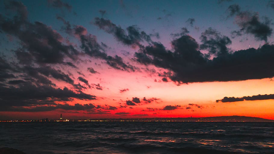 sky, sunset, colors, clouds, bokeh, city, sea, waves, orange HD wallpaper