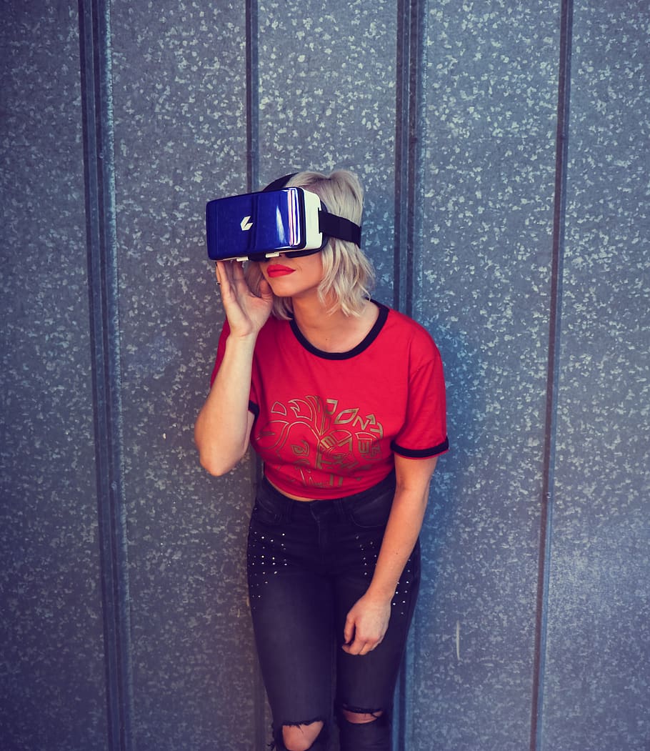 Photo of a Woman Wearing Virtual Reality Headset, electronic
