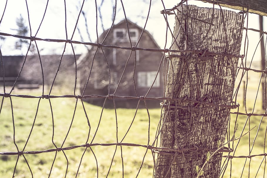 fence, wire, wood, post, farm, barn, country, field, grass HD wallpaper