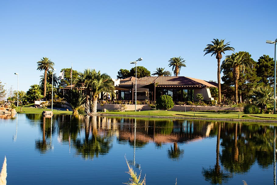 clubhouse, golf course, las vegas, lake, lake reflection, nevada, HD wallpaper