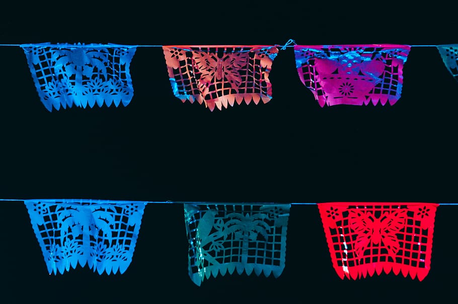 multicolored buntings, blue, pattern, no people, black background HD wallpaper