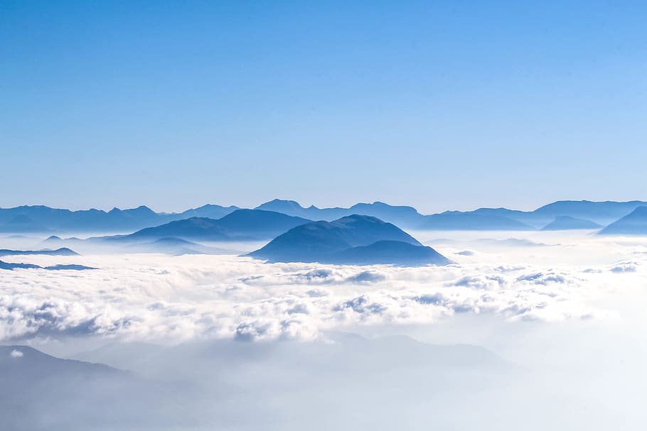 aerial, mountain, clouds, sky, blue, white, nature, beauty in nature HD wallpaper