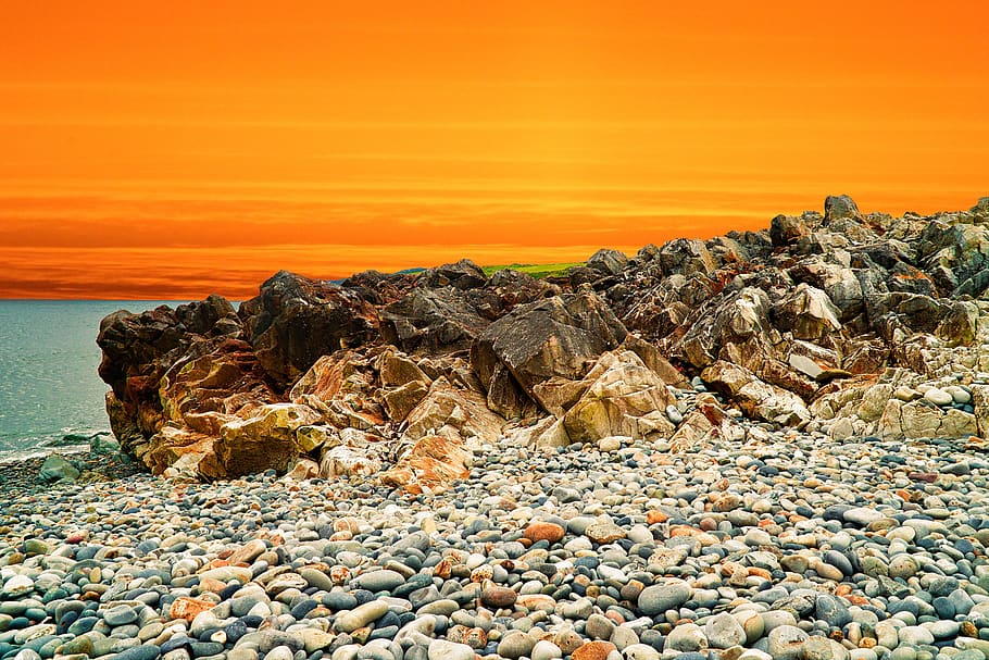 sunset, rocks, nature, water, landscape, solid, rock - object HD wallpaper