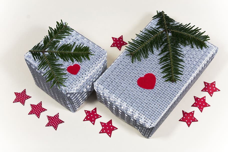 christmas, gift, packed, silver, tannenzweig, deco, heart, star HD wallpaper