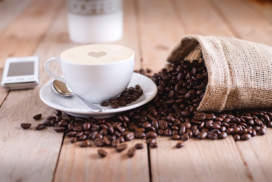 coffee, hot, drink, espresso, cup, saucer, spoon, beans, seeds HD wallpaper