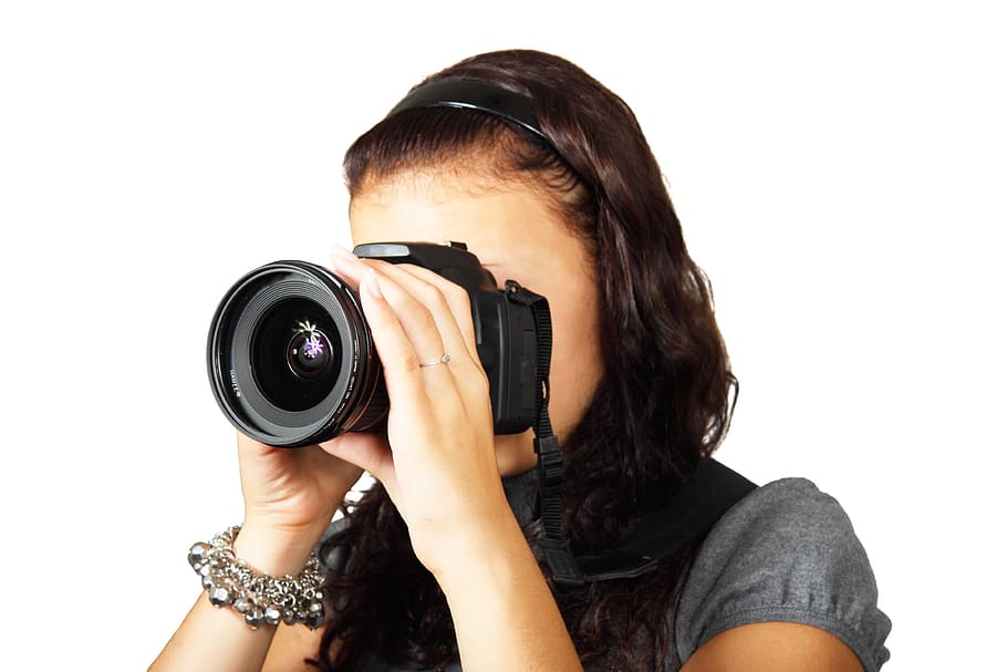 Woman in Grey Shirt Taking Picture With Dslr Camera, digital HD wallpaper