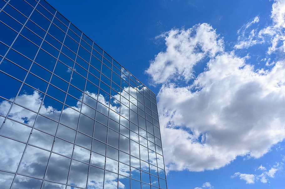 Curtain Wall Building Under Clear Blue Sky, architectural design HD wallpaper