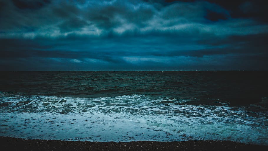 Seashore during Night Time, clouds, dark, sand, seascape, water HD wallpaper