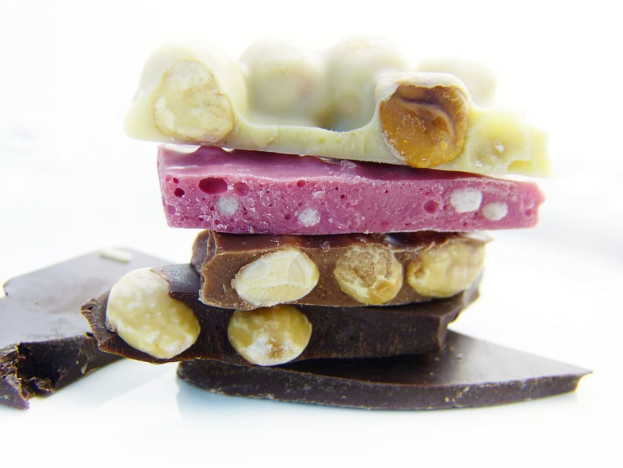 chocolate, varieties, sugar, nuts, chocolate break, board, sweetness HD wallpaper