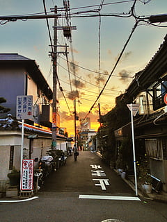 japan, osaka prefecture, sunset, cables, houses, alley, alleyway HD wallpaper