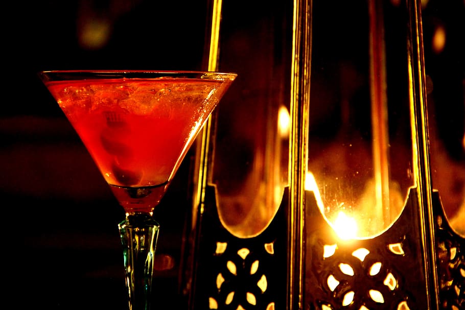 Cocktail Glass Near Candle Holder, alcohol, bar, blur, cold, dark HD wallpaper