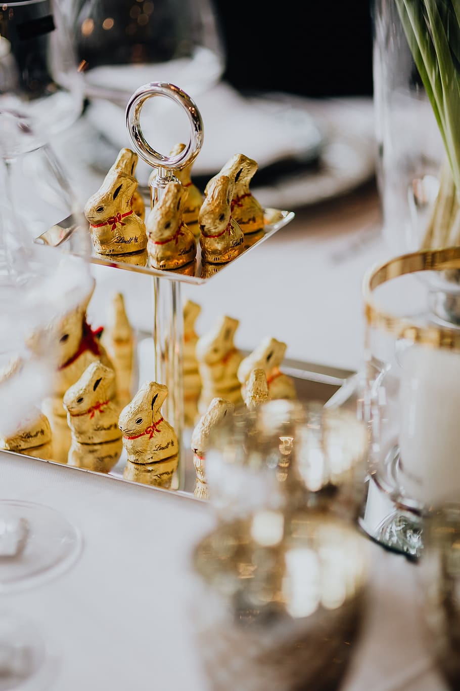Golden Bunnies on the Tray, table, holidays, table set, chocolate HD wallpaper