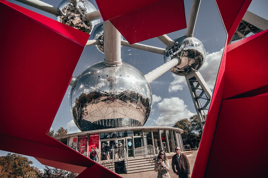 belgium, bruxelles, atomium, red, mode of transportation, day HD wallpaper