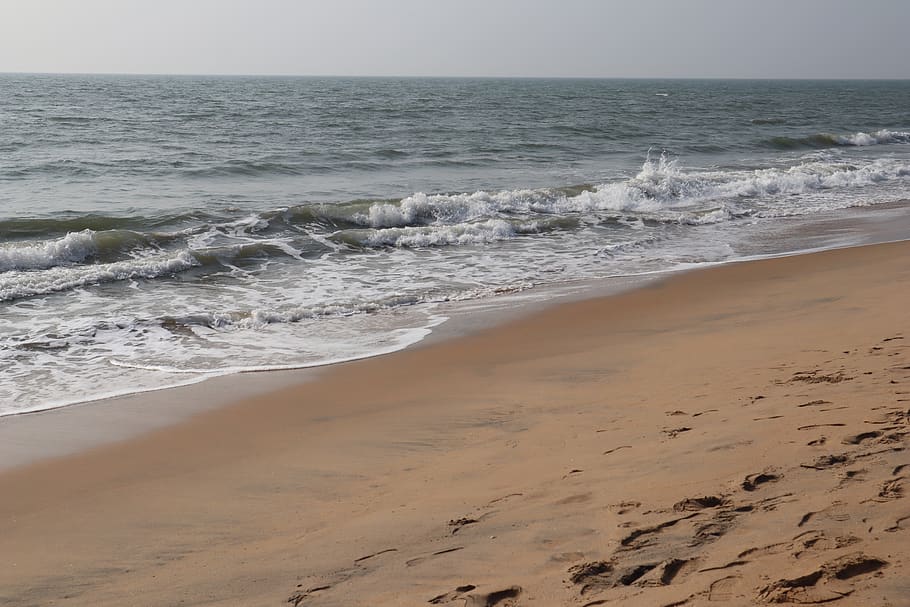 sea, waves, beach, sand, land, water, horizon, horizon over water HD wallpaper