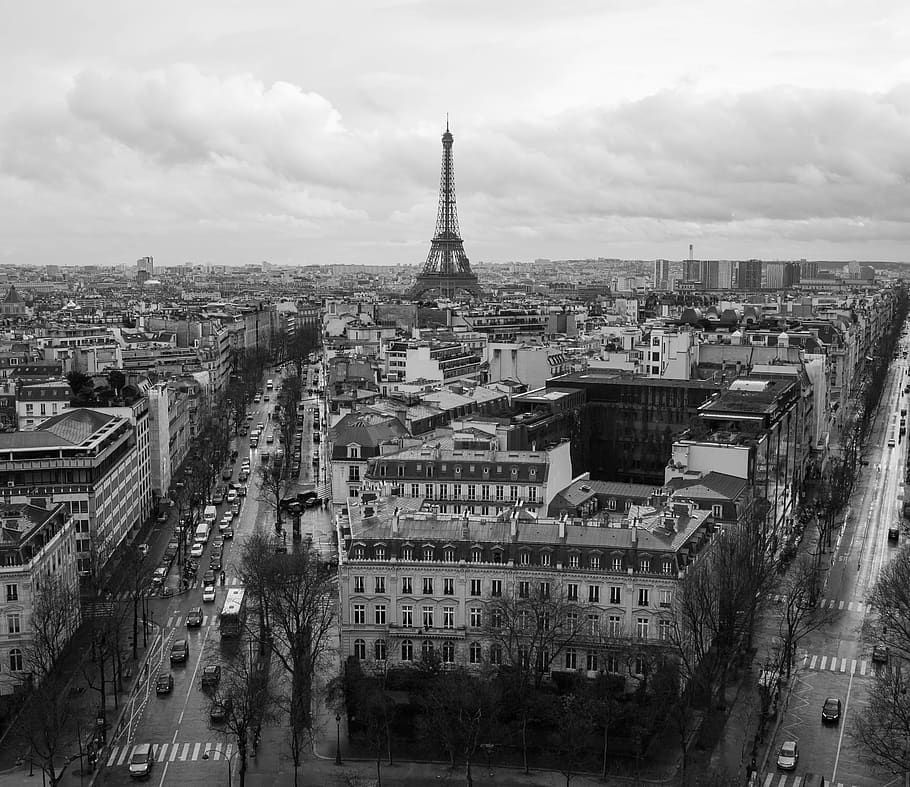 france, paris, arc de triomphe, eiffle, bandw, architecture HD wallpaper