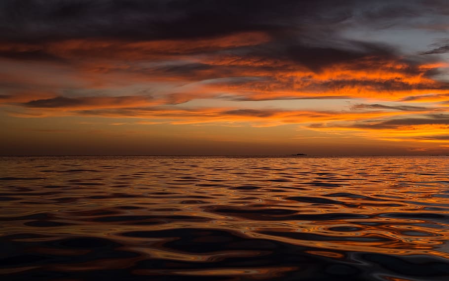 body of water during golden hour, sunset, ocean, sea, burning sky, HD wallpaper