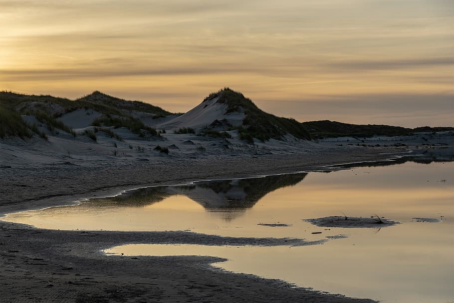 dunes, water, sunset, norderney, sea, nature, landscape, clouds, HD wallpaper